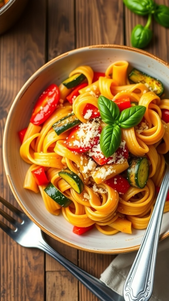 A bowl of colorful one-pot pasta with vegetables and Parmesan cheese, garnished with basil.